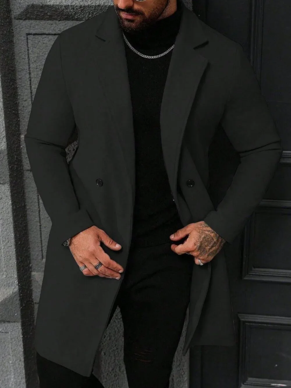 Black Casual Men's Double Breasted Long Sleeve Overcoat